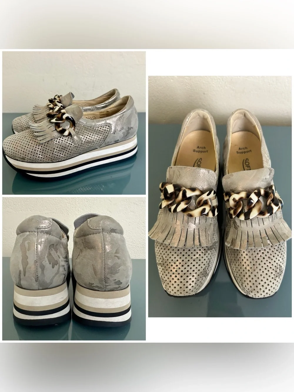 Softwaves Cadie Silver Camo Metallic Tassel Loafer Platform Sneakers Shoes 36.5